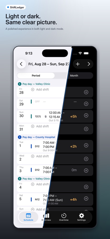 The same schedule in light and dark mode